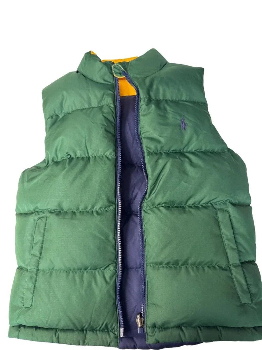 Ralph Lauren Childrens Reversible Puffer Vest Yellow/Navy Size 7 With Pockets